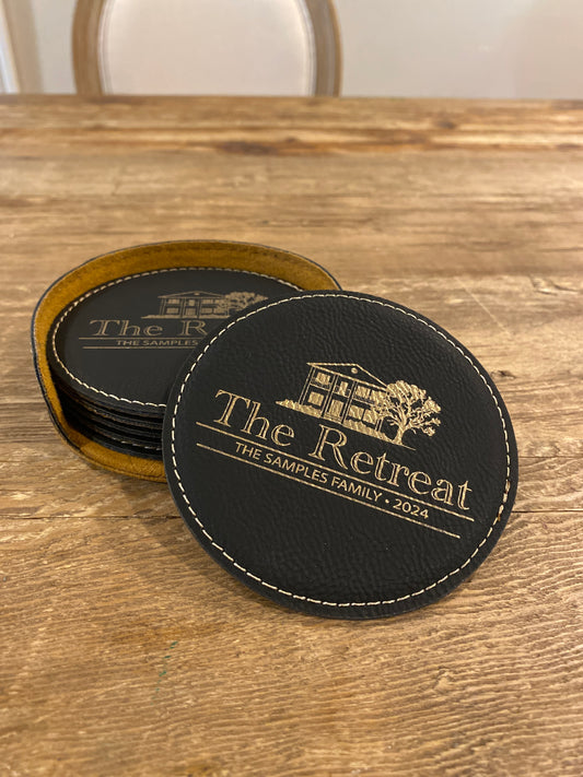 Customizable 6 Piece Leatherette Coaster Set w/ Tray