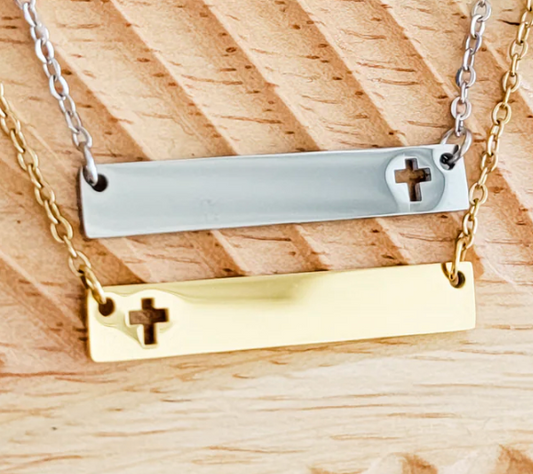 Custom Engraved Cross Cutout Bar Necklace